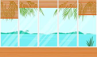 Panoramic window with jalousie. Interior of empty room with a view to ocean landscape. Tropical resort apartments with big window. Colorful summer background vector