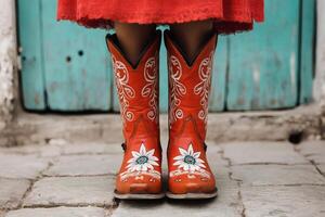 Colorful cowboy boots with a red dress photo