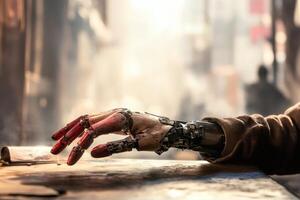 Futuristic robot hand reaching out in a urban environment with a hazy background during daylight hours photo
