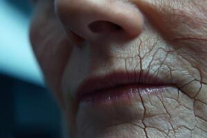 Close-up view of elderly person's skin showing fine lines and wrinkles in a clinical setting during daylight photo
