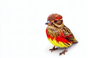 Colorful bird with vibrant red and yellow feathers stands out against a neutral background in a close-up view photo
