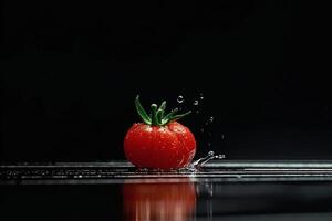 Fresh tomato drops into water creating splashes against a dark background photo