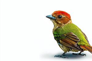 Colorful bird with vibrant feathers stands alert on a clean surface during the daylight hours photo