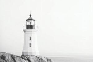 White lighthouse stands on rocky shore overlooking calm ocean under a clear sky at dawn, offering a serene coastal view photo