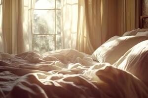 suave Mañana ligero filtros mediante cortinas, esclarecedor un sucio cama con arrugado hojas y almohadas en un sereno día foto