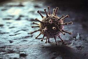 Microscopic view of a virus exhibiting distinct spikes on a textured surface photo