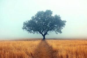 Majestic tree stands alone in foggy field with golden grass at dawn photo