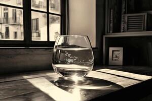 Glass of water on wooden table near window with sun rays creating reflections in a cozy indoor space photo