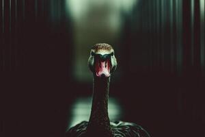 Mysterious duck stands alone in a dimly lit corridor during twilight hours photo