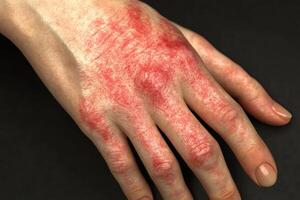 Close-up of a hand with red, irritated skin and visible markings likely from skin condition or irritation in a dark setting photo