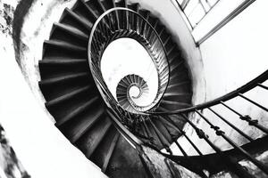 Spiral staircase leading upward in an empty building creates a sense of depth and perspective photo