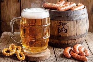Enjoying freshly brewed beer with savory sausages and pretzels at a rustic setting photo