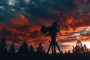 Capture of a stunning sunset with dramatic clouds and a camera on a tripod in a serene outdoor location photo