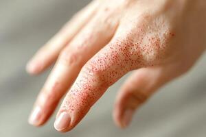 Close-up view of skin irritation with red spots on a hand indicating possible allergic reaction or irritation photo