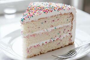 Funfetti cake slice with sprinkles. photo
