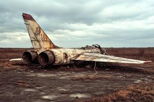 Vintage aircraft remnants in a field. AI art photo