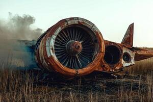 Rusting relics of aviation in a golden field. photo