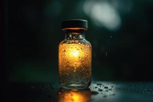 Enchanted jar glowing in the evening rain. photo
