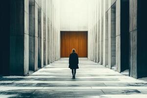 Walking towards serenity in a modern architectural space. photo