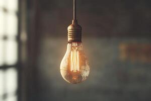 Edison bulb glowing softly in a rustic setting. photo