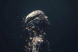 Robot figure dissolving into particles in dark space. photo