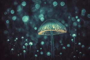 Ethereal glow of mushrooms in a serene twilight forest. photo