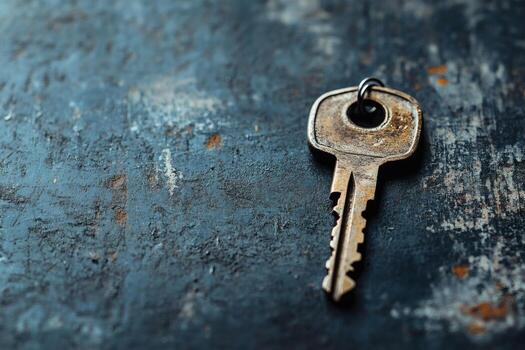 Old key resting on a rustic surface in soft light. photo