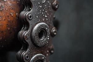 Close-up of a wet bicycle chain reflecting craftsmanship. photo