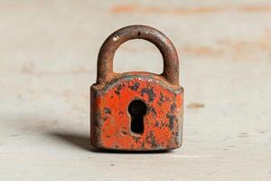 Weathered padlock resting on a rustic surface. photo