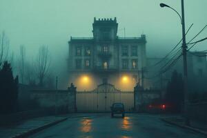 Eerie mansion shrouded in fog during twilight hours. photo