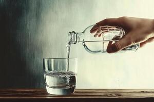Pouring clear water into a glass with gentle precision. photo