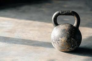 Captivating kettlebell resting on a rustic surface. photo