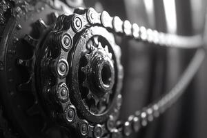 Close-up views of a bike chain in industrial setting. photo