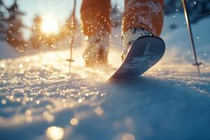 Gliding through fresh snow at golden hour. photo