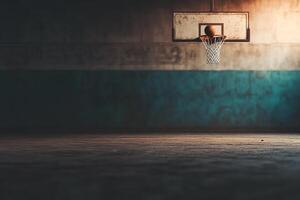 Empty basketball court at twilight with a single hoop. photo