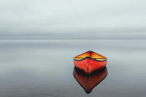 Vibrant red canoe floats on an eerily calm lake. photo