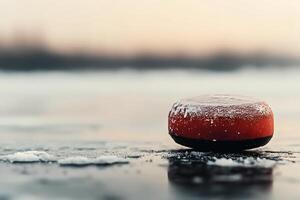 Curling stone rests on a frozen lake at dawn. photo