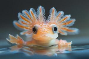 Colorful axolotl with flowing gills in serene water. photo