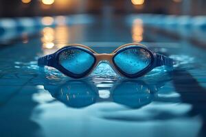 Bright blue goggles floating on a shimmering pool surface. photo