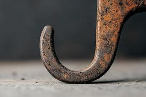 Rusty hook rests on a gritty surface under soft light. photo