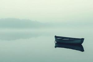 Tranquil boat rests on a misty lake at dawn. photo