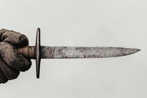 Hand gripping an ancient dagger with a weathered blade. photo