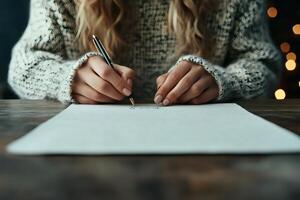 Capturing thoughts on paper during a cozy evening. photo