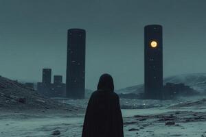 Somber figure stands before towering monoliths at dusk. photo