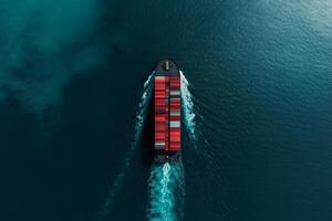 Container ship navigates through clear blue waters. photo