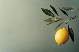 Lush lemon branch against a serene green backdrop. photo