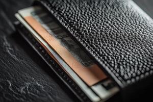 Wallet filled with cash resting on a textured surface. photo