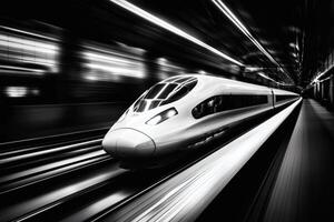 Speeding through the night on futuristic railway tracks. photo