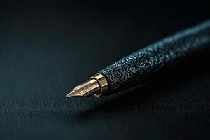 Intricate fountain pen resting on a textured surface. photo