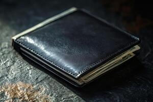 Luxury black wallet resting on a textured surface. photo
